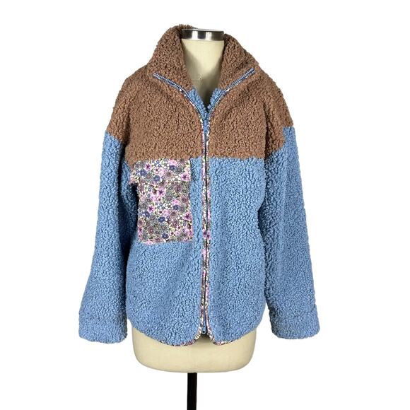 FOR LOVE & LEMONS Sherpa Fleece Jacket Blue Brown Floral Pattern Full Zip M NWT